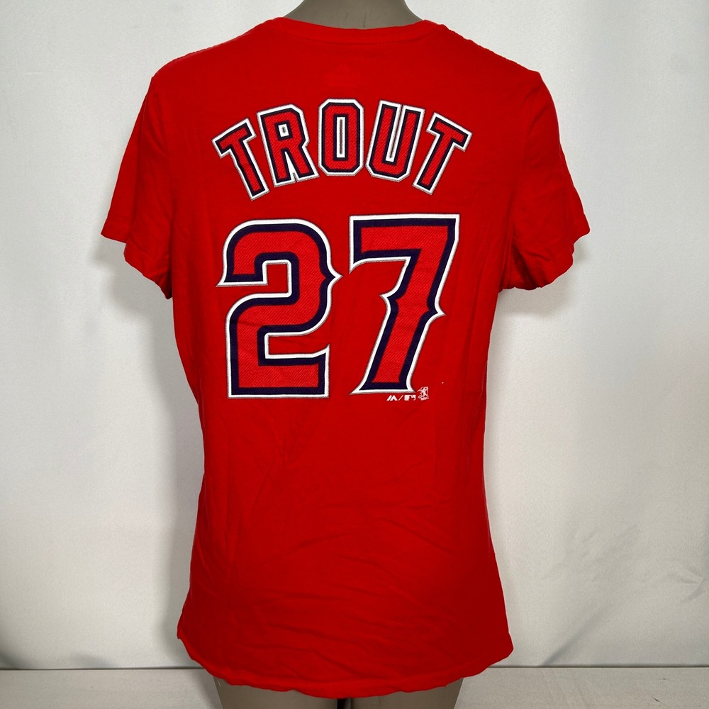 Mike Trout #27 Los Angeles Angels MLB Majestic Red Jersey T-Shirt Women's XXL